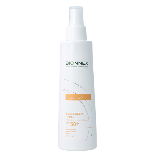 Bionnex Preventiva SPF50 sunscreen spray in 200ml bottle, sun protection product with spray nozzle and printed label.