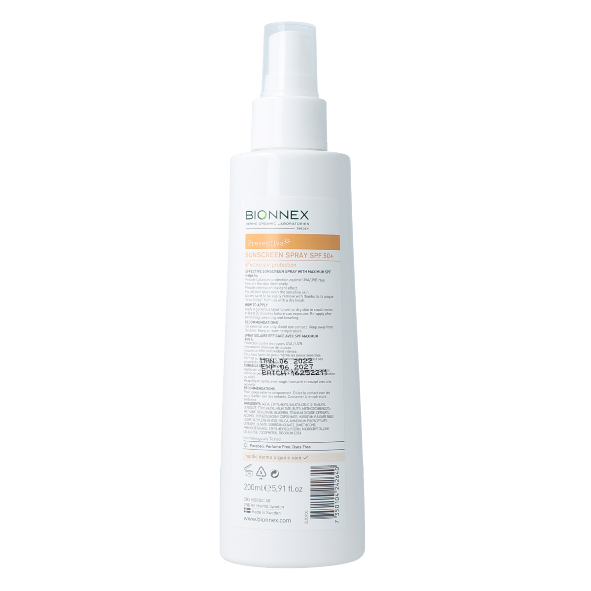 Bionnex Preventiva sunscreen spray SPF50 in 200ml bottle, sun protection lotion for skin, shown in the image.