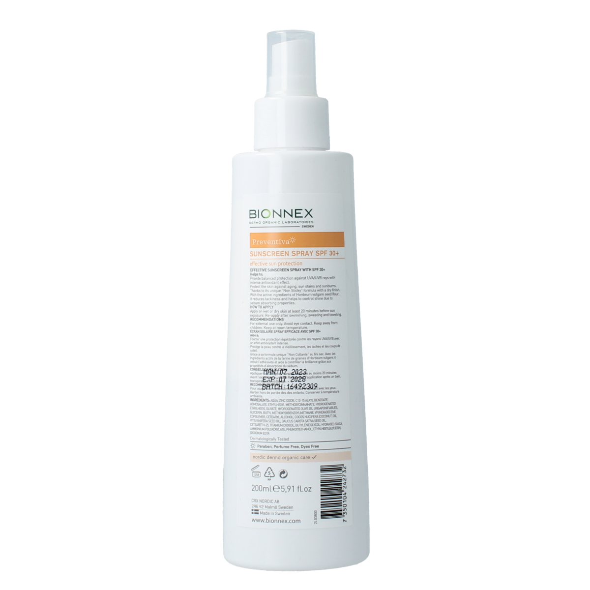 Bionnex Preventiva SPF30 sunscreen spray bottle with 200ml capacity, featuring a spray nozzle for easy application
