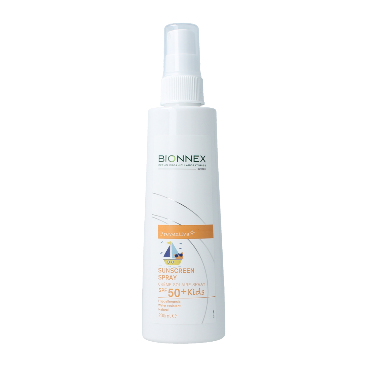 Bionnex Preventiva kids SPF50+ sunscreen spray bottle, 200ml, with spray nozzle and colorful packaging design.