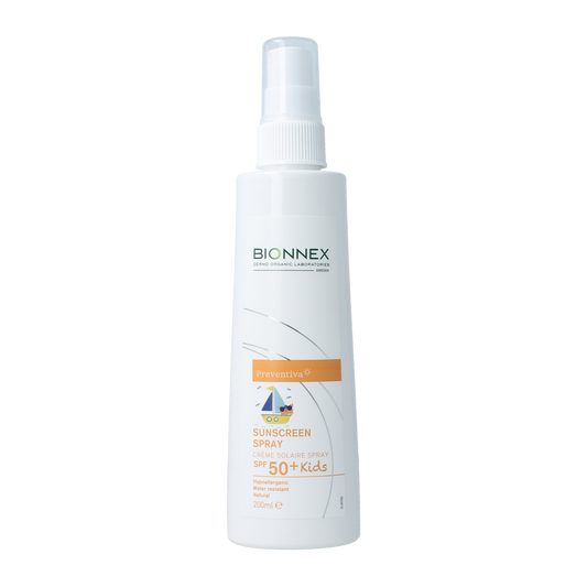 Bionnex Preventiva kids SPF50+ sunscreen spray bottle, 200ml, with spray nozzle and colorful packaging design.
