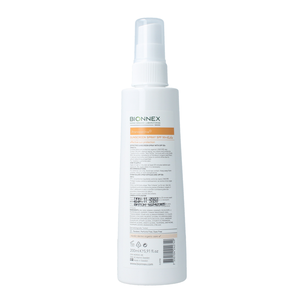 Bionnex Preventiva kids sunscreen spray SPF50+ in 200ml bottle, sunny outdoor scene showing the product's packaging and spray nozzle.