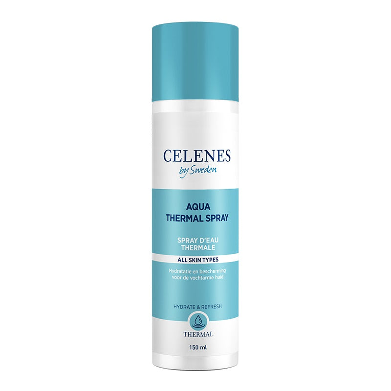 Celenes Aqua Thermal Spray in 150ml bottle, facial skincare product with clear spray nozzle and blue label for hydration.