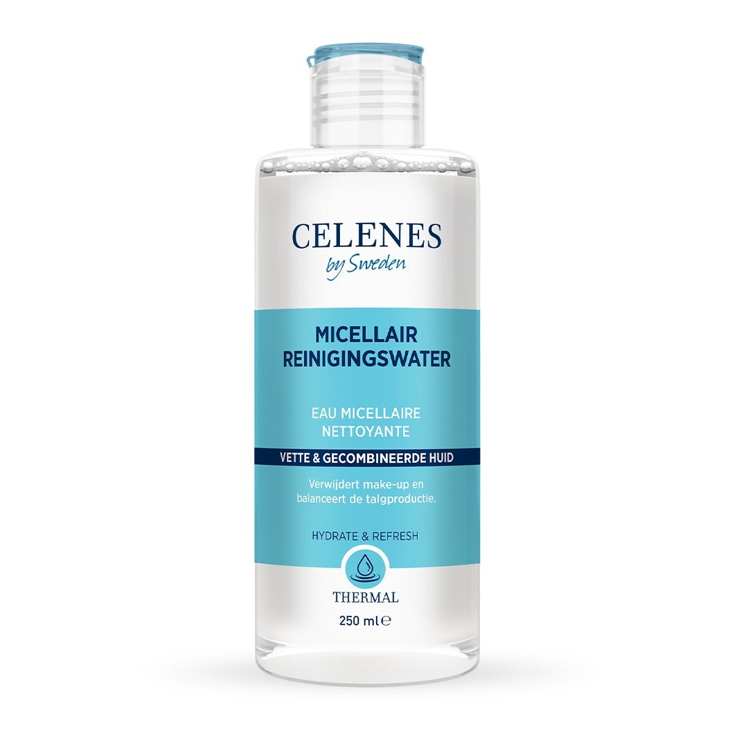 Celenes Thermal Micellar Water for oily skin in a 250ml bottle, facial skincare product with clear liquid and pump dispenser.