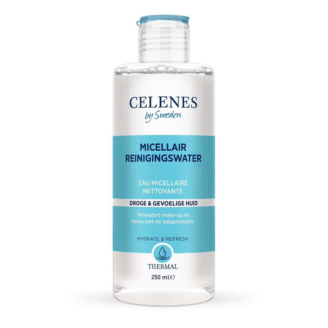 Celenes Thermal Micellar Water for dry and sensitive skin, 250ml, shown in a clear bottle with a white cap.