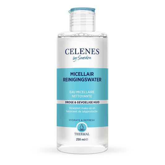 Celenes Thermal Micellar Water for dry and sensitive skin, 250ml, shown in a clear bottle with a white cap.