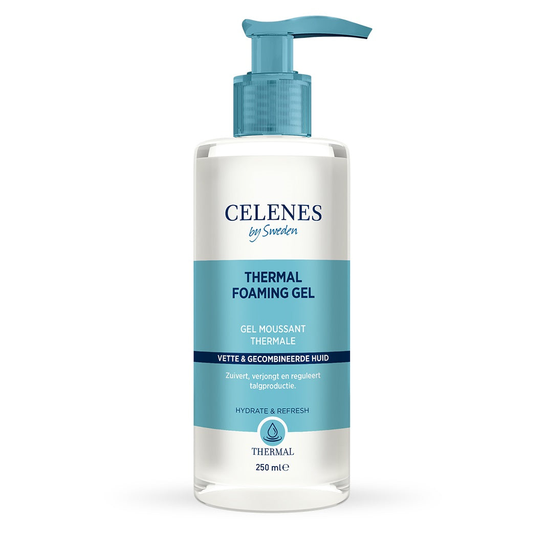 Celenes Thermal foaming gel for oily skin in a 250ml bottle, facial skincare product with a white pump dispenser.