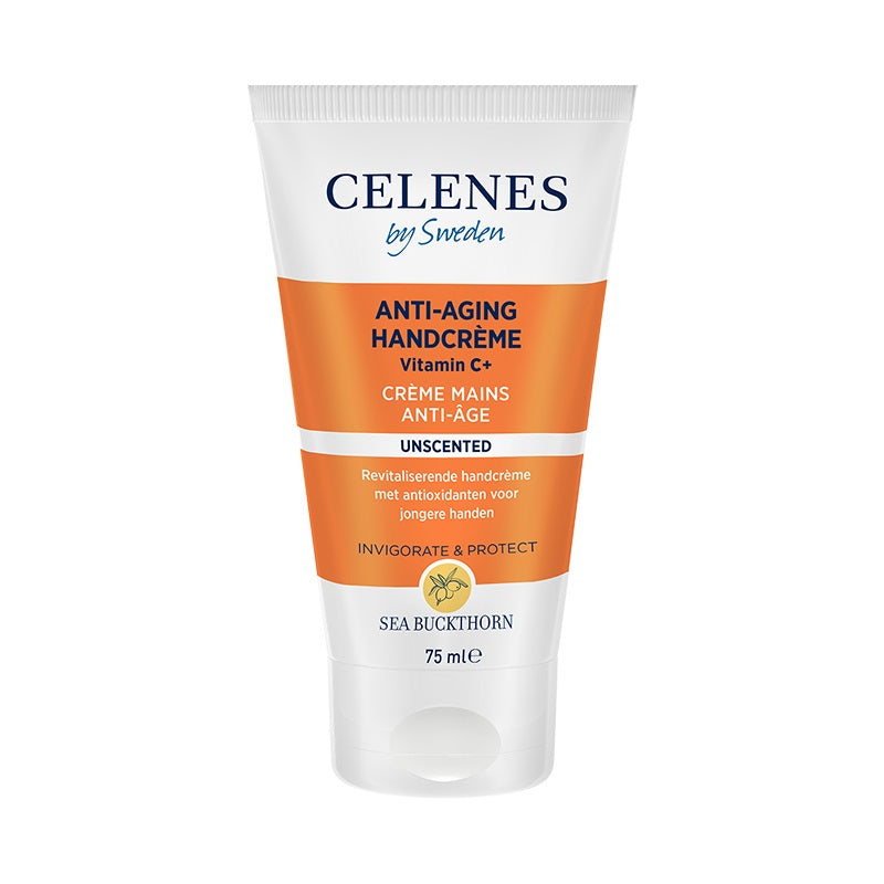Celenes Sea Buckthorn hand cream in 75ml tube, nourishing hand care product with sea buckthorn extract, shown in the image.