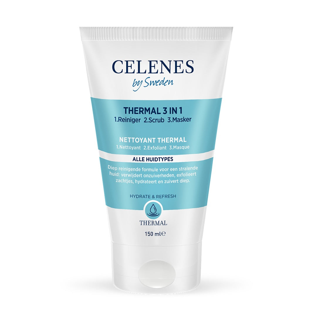 Celenes Thermal 3-in-1 peeling mask for facial skincare, 150ml, showcasing the product jar and branding.