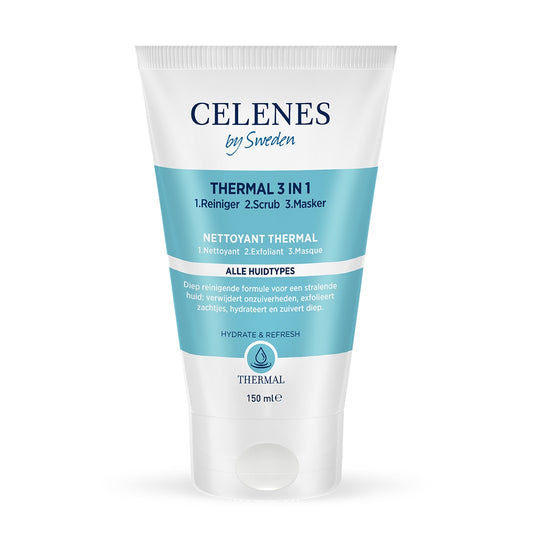 Celenes Thermal 3-in-1 peeling mask for facial skincare, 150ml, showcasing the product jar and branding.