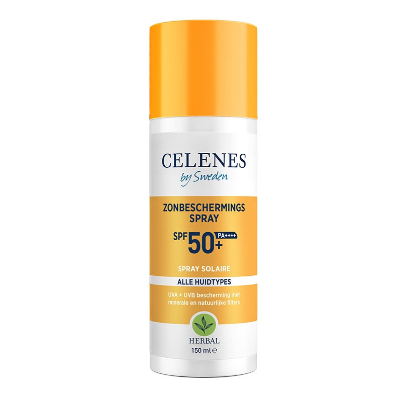 Celenes Herbal Sunscreen Spray SPF50 for all skin types, 150ml bottle, yellow and white packaging with spray nozzle.