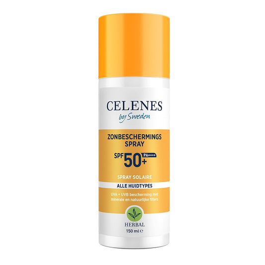 Celenes Herbal Sunscreen Spray SPF50 for all skin types, 150ml bottle, yellow and white packaging with spray nozzle.