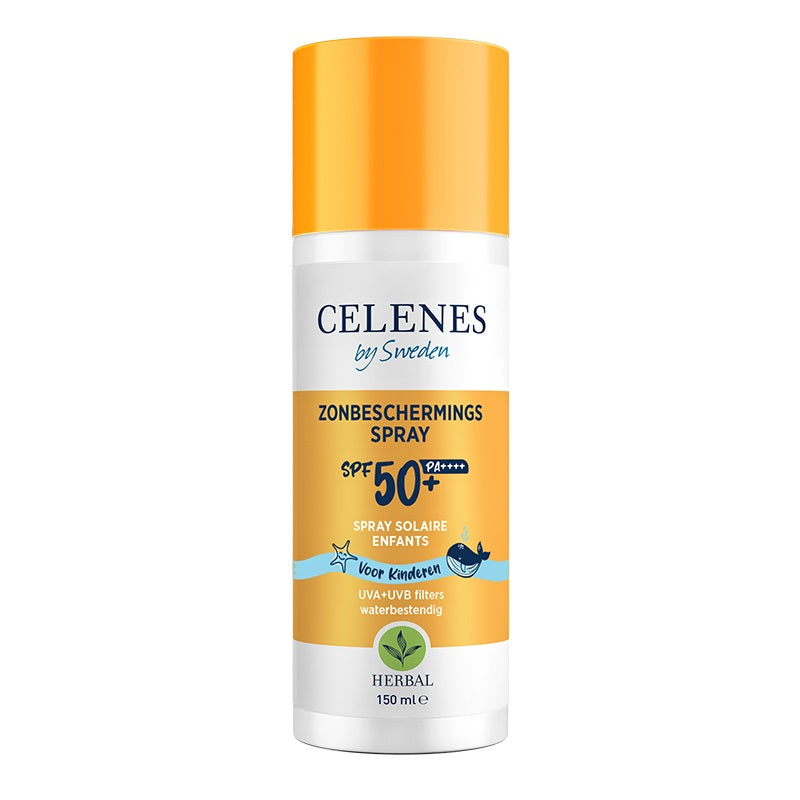 Celenes Herbal Sun Spray for Kids SPF50, 150ml, outdoor sun protection with herbal ingredients in a spray bottle.