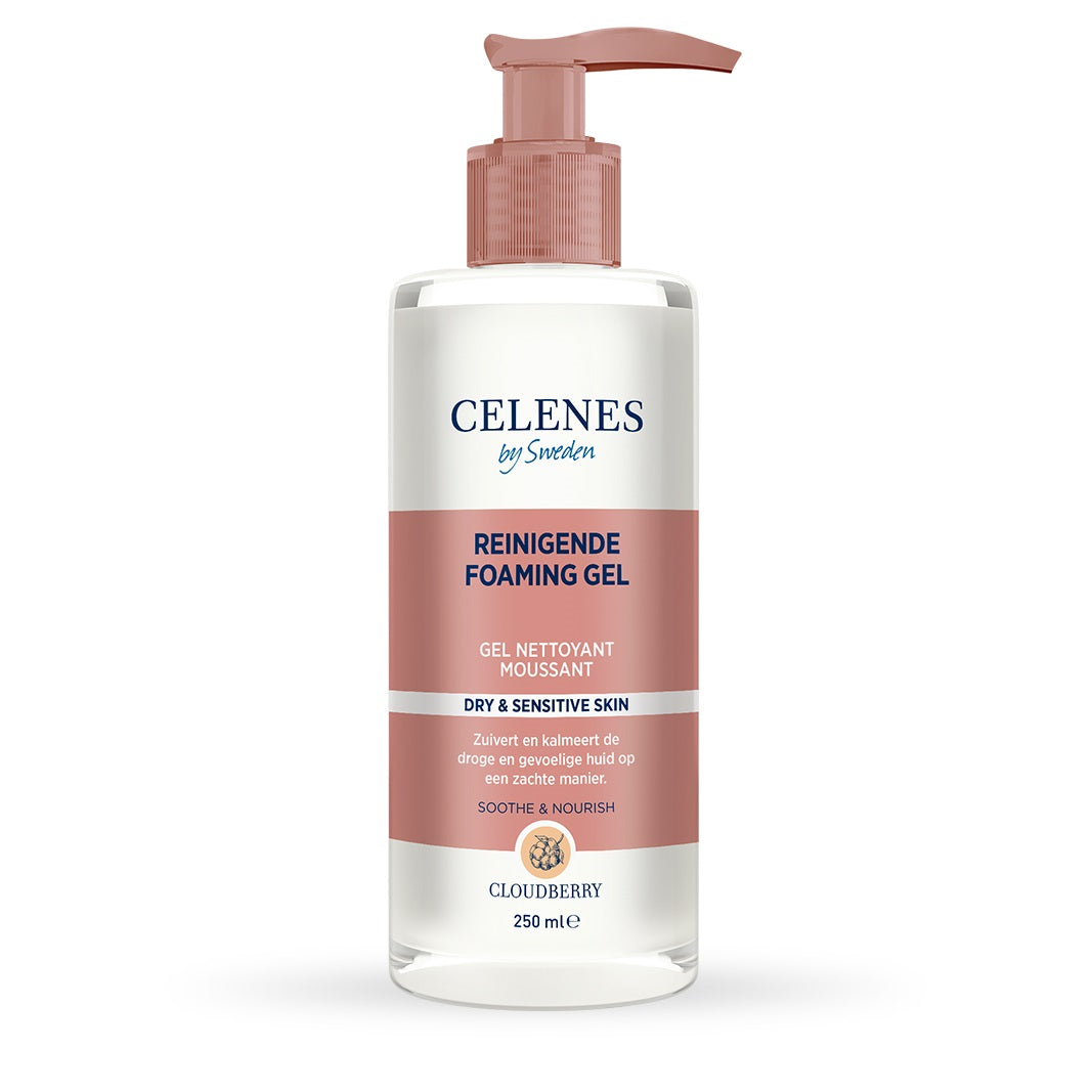 Celenes Cloudberry cleansing foaming gel in 250ml bottle, facial skincare product with a light blue and white packaging design