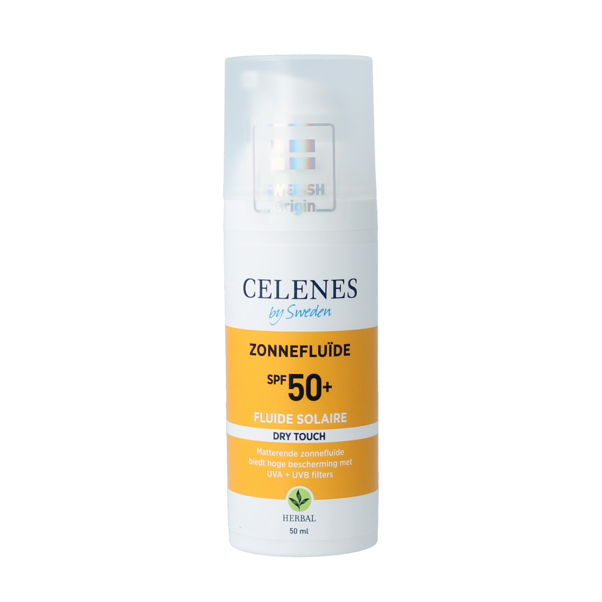 Celenes Herbal Dry Touch Sunscreen Fluid SPF50 in 50ml bottle, sun protection lotion with herbal ingredients.
