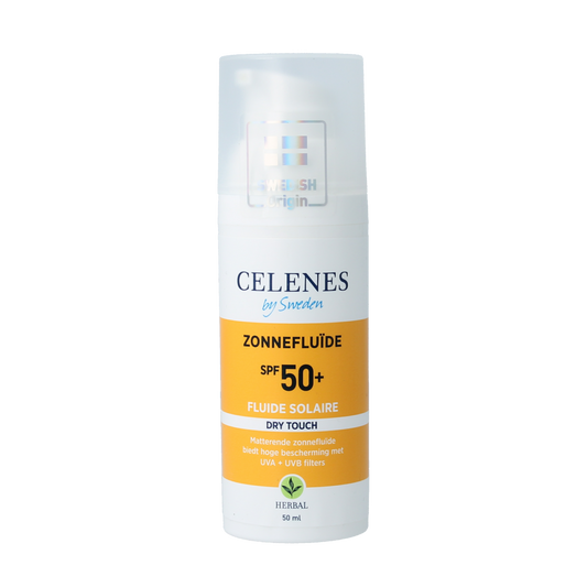 Celenes Herbal Dry Touch Sunscreen Fluid SPF50 in 50ml bottle, sun protection lotion with herbal ingredients.