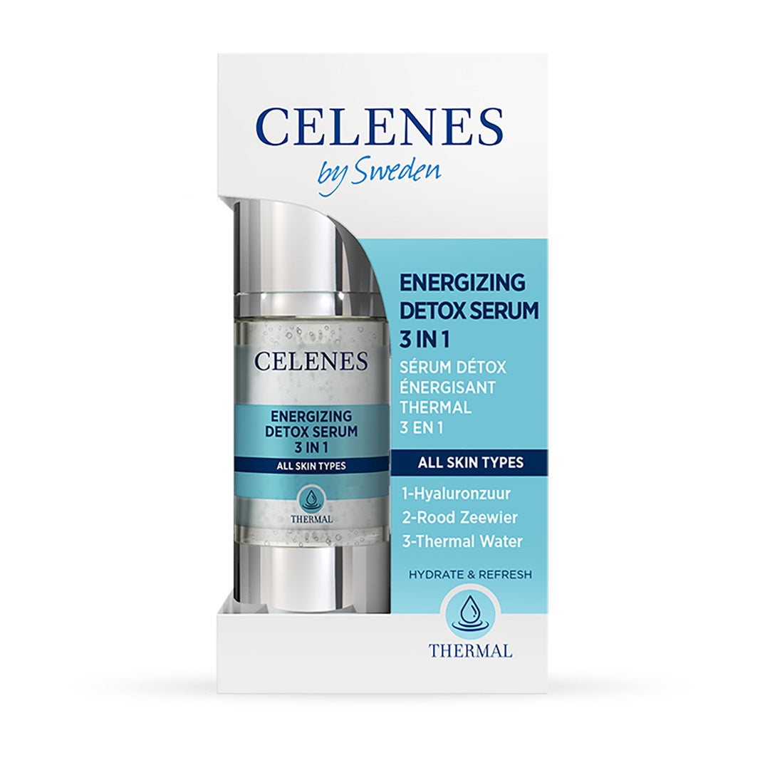 Celenes Thermal 3-in-1 Detox Serum for face, 30ml, in a clear glass bottle with a pump dispenser, showcasing the skincare product.