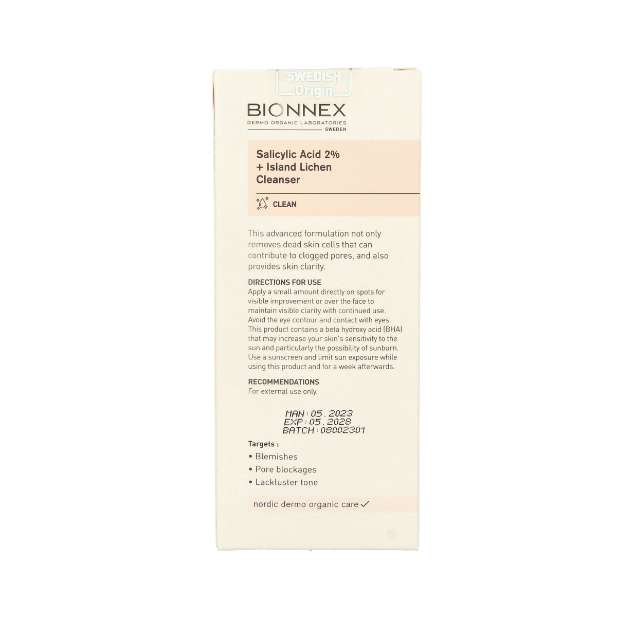 Bionnex Nordea salicylic acid serum for facial skincare, 30ml bottle with clear liquid and dropper applicator.