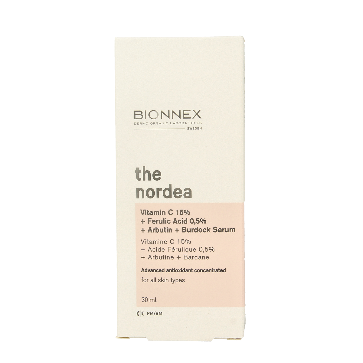 Bionnex Nordea Vitamin C facial serum in a 30ml bottle, skincare product for brightening and revitalizing the skin.