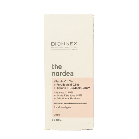 Bionnex Nordea Vitamin C facial serum in a 30ml bottle, skincare product for brightening and revitalizing the skin.