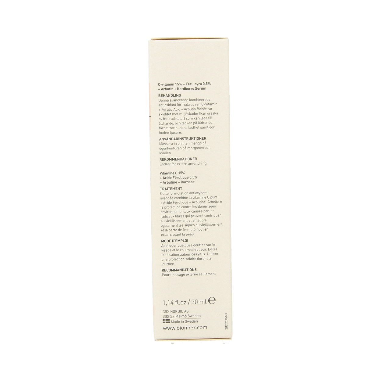 Bionnex Nordea Vitamin C serum in 30ml bottle, facial skincare product with clear packaging and dropper applicator.