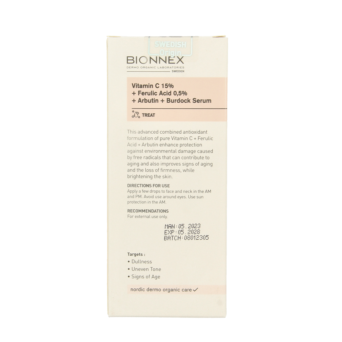 Bionnex Nordea Vitamin C serum in a 30ml bottle, facial skincare product with a sleek design and clear labeling.