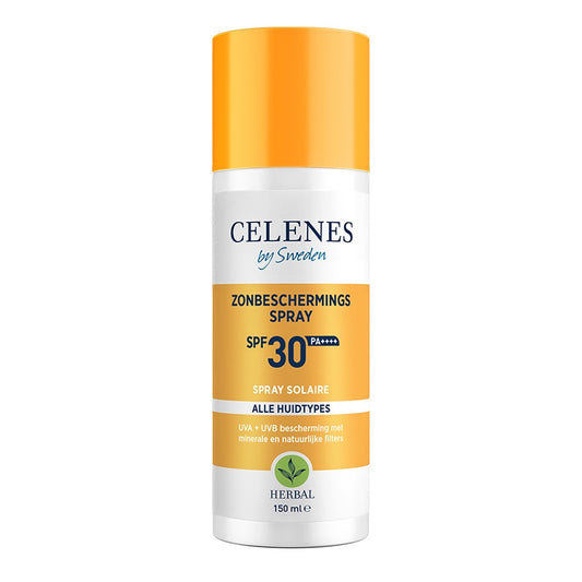 Celenes herbal sunscreen spray lotion SPF30+ for all skin types, 150ml, with natural herbal ingredients in a spray bottle.