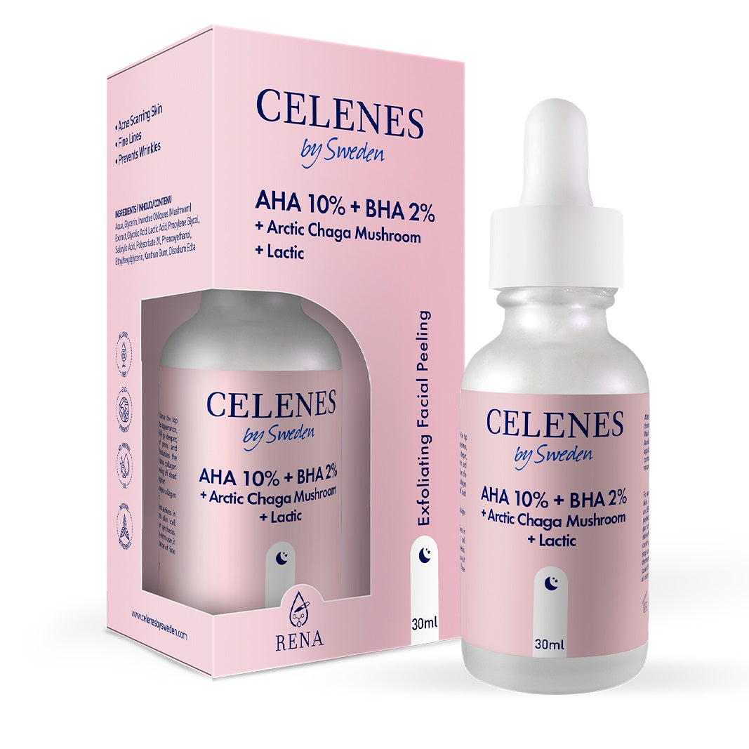 Celenes facial peeling with 8% AHA and 2% BHA, featuring lactic acid in a 30ml bottle for gentle skin exfoliation.