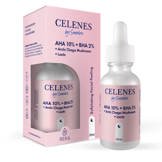 Celenes facial peeling with 8% AHA and 2% BHA, featuring lactic acid in a 30ml bottle for gentle skin exfoliation.