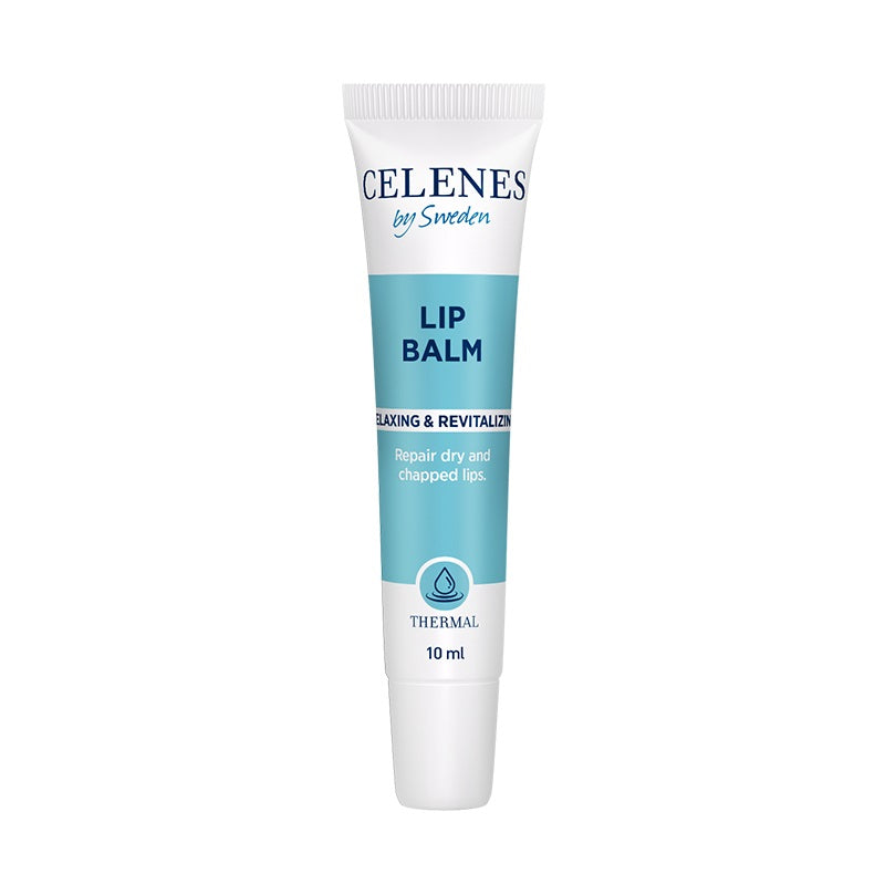 Celenes Thermal Lipbalm in 10ml tube, moisturizing lip care product with a smooth, natural finish, designed for soft, hydrated lips.
