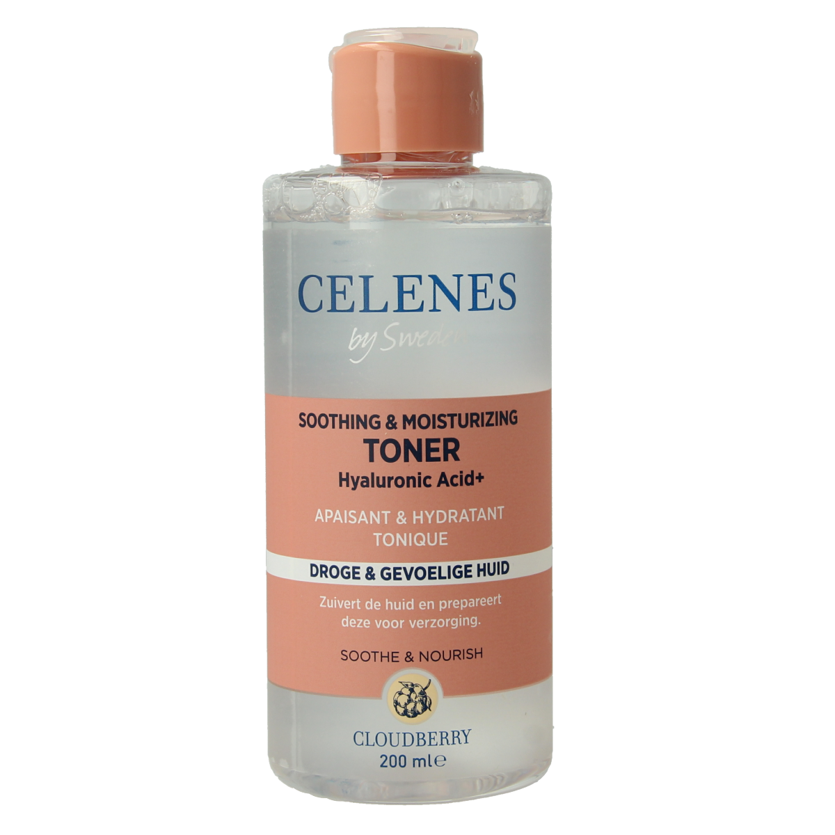 Celenes Cloudberry toner bottle for facial skincare, 200ml, with a clear label and minimalist design.