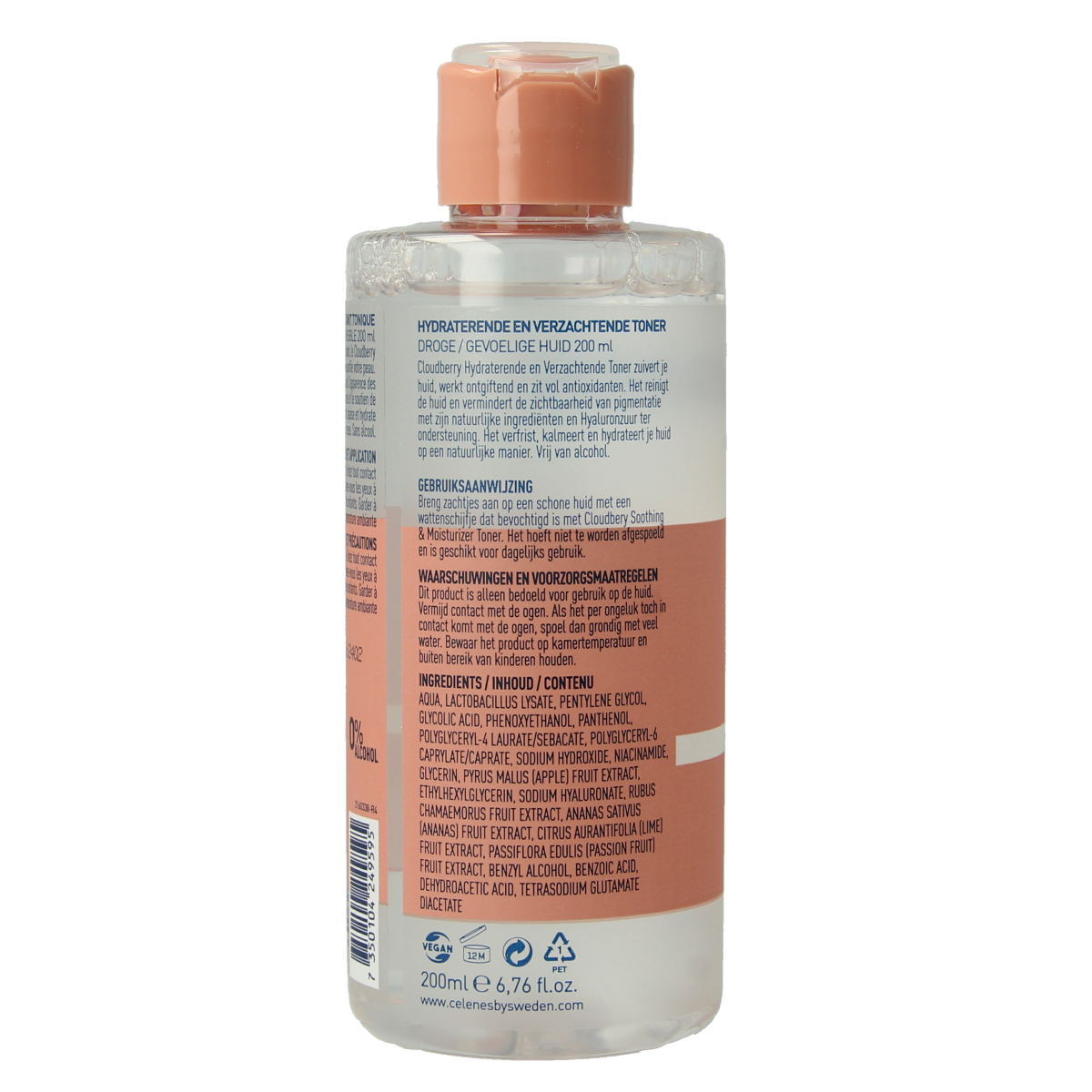 Celenes Cloudberry toner in a 200ml bottle, facial skincare product with a clear liquid inside, featuring a clean label and branding