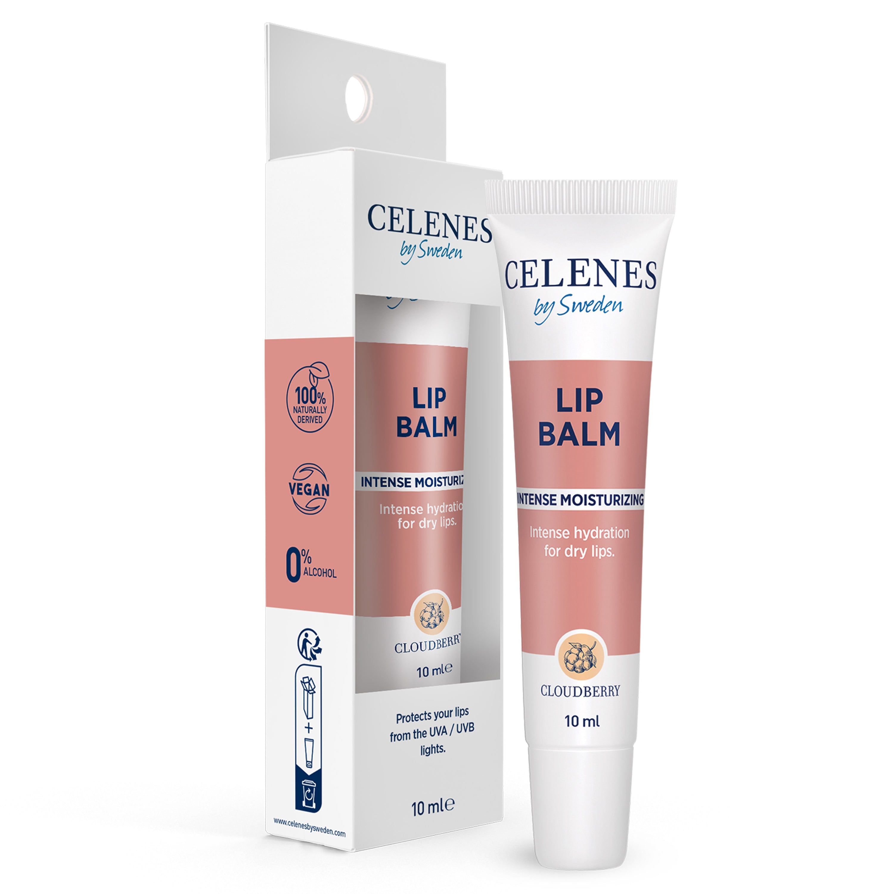 Celenes Cloudberry lip balm in a 10ml tube, featuring a soft, natural lip care product with cloudberry extract.