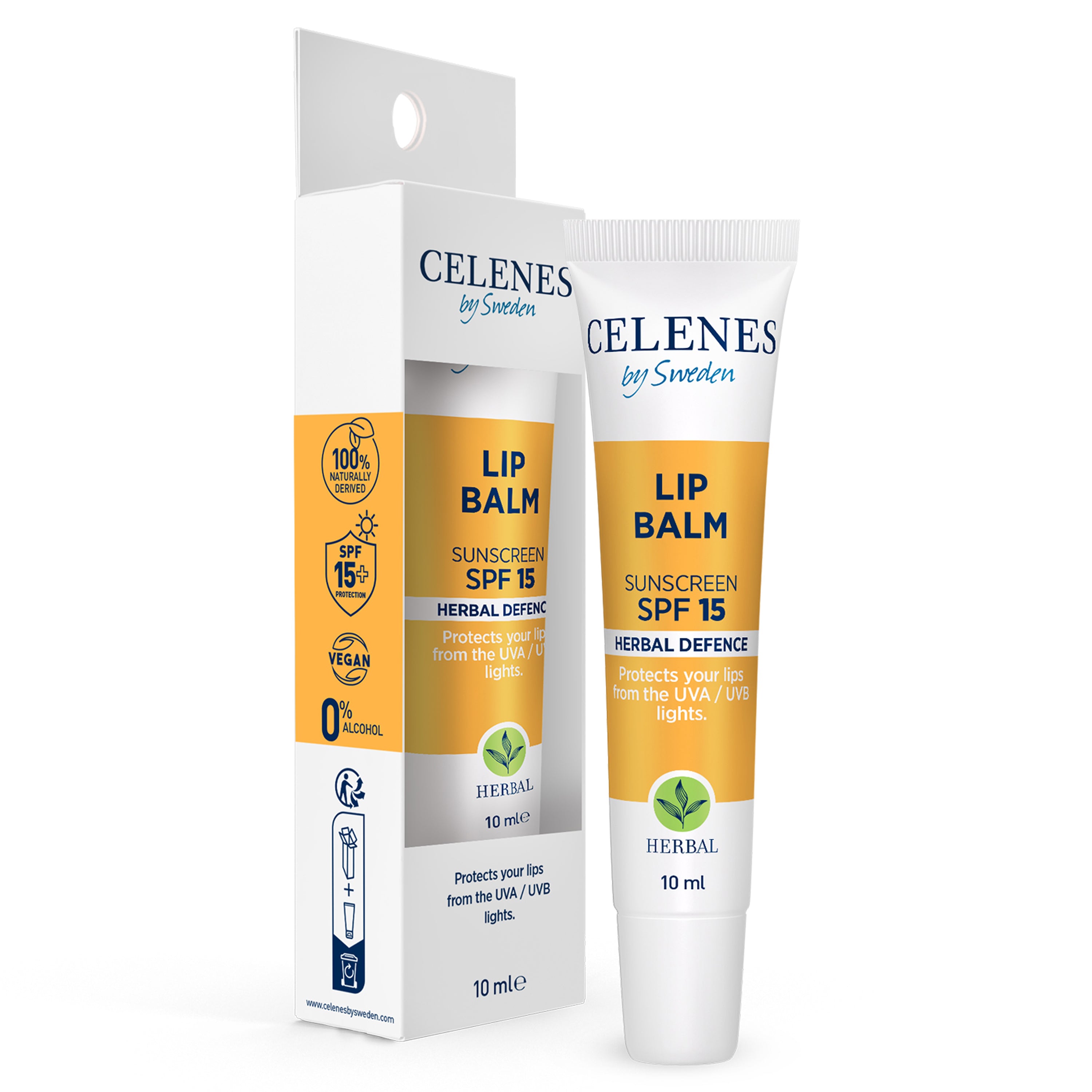 Celenes Herbal Lipbalm SPF15 in 10ml tube, nourishing lip care with herbal ingredients and sun protection.