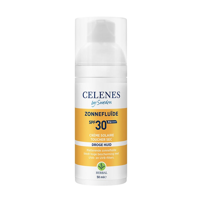 Celenes Herbal Dry Touch Sunscreen Fluid SPF30+ in 50ml bottle, moisturizing sun protection for healthy skin.
