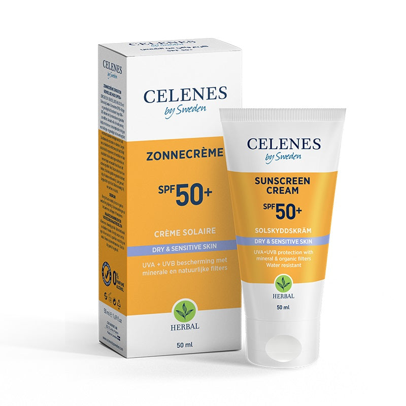 Celenes herbal SPF50+ sunscreen for sensitive and dry skin, 50ml tube with herbal ingredients and protective sunblock.