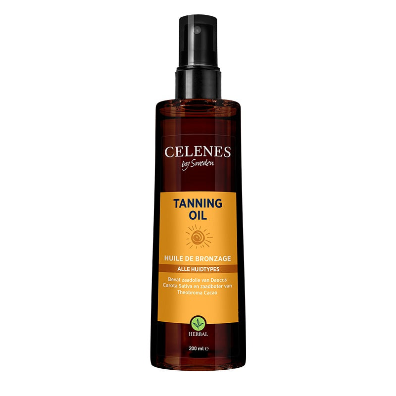 Celenes Herbal Tanning Oil 200ml bottle with herbal ingredients for natural skin enhancement and body care.