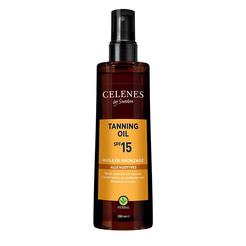 Celenes Herbal Tanning Oil SPF15+ in 200ml bottle, natural ingredients, with a golden-colored oil and SPF protection label.