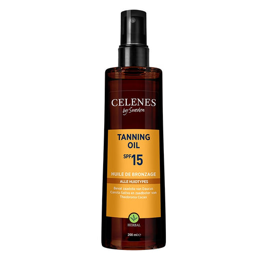 Celenes Herbal Tanning Oil SPF15+ in 200ml bottle, natural ingredients, with a golden-colored oil and SPF protection label.