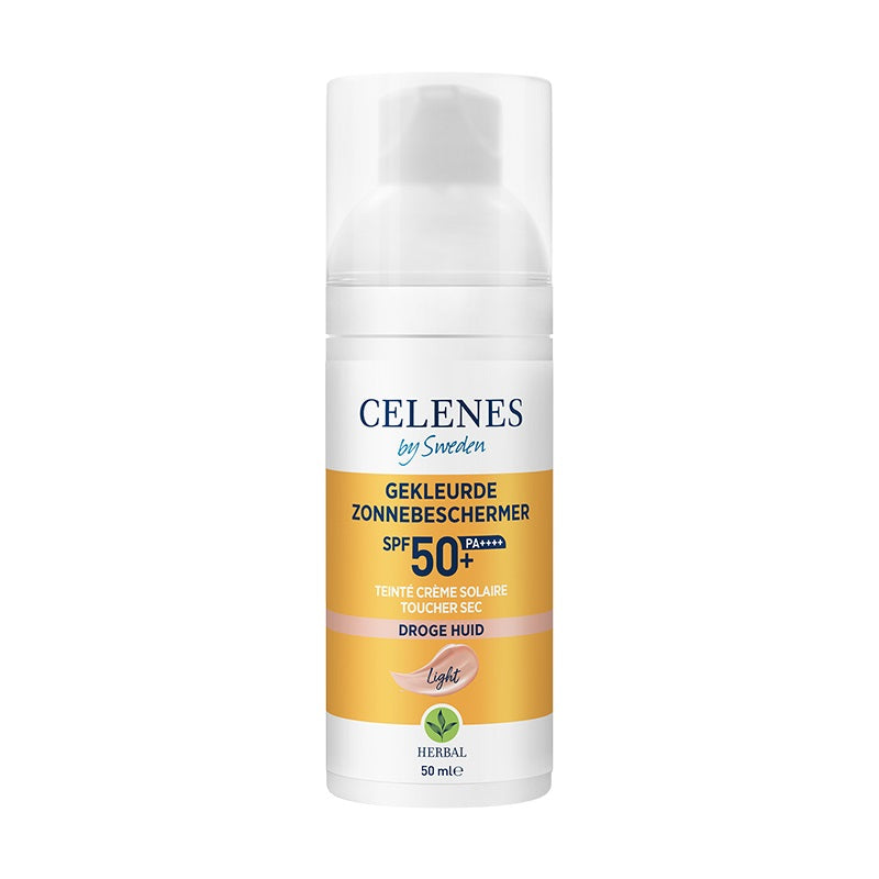 Celenes Herbal Dry Touch Tinted Light Fluid SPF50+ sunscreen in 50ml bottle, featuring a smooth, lightweight texture and light tint.