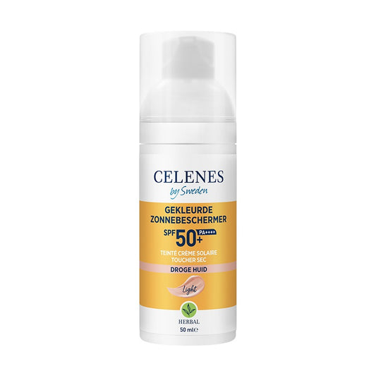Celenes Herbal Dry Touch Tinted Light Fluid SPF50+ sunscreen in 50ml bottle, featuring a smooth, lightweight texture and light tint.