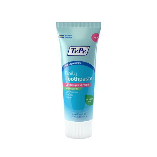 TePe daily toothpaste in 75ml tube showing the teal and white packaging with the TePe logo.