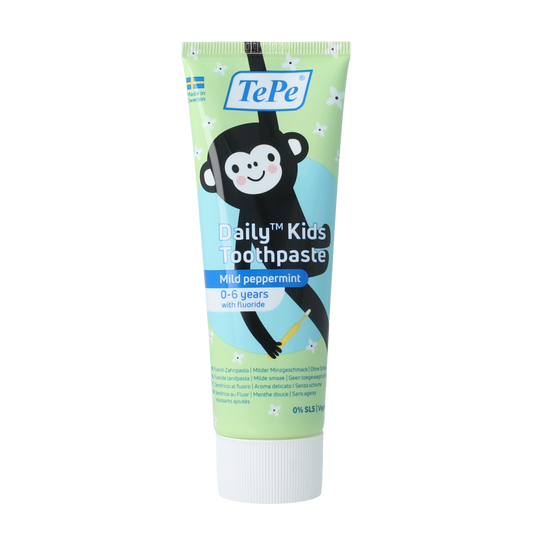 TePe Kids daily toothpaste in 75ml tube, featuring colorful packaging designed for children's oral hygiene.