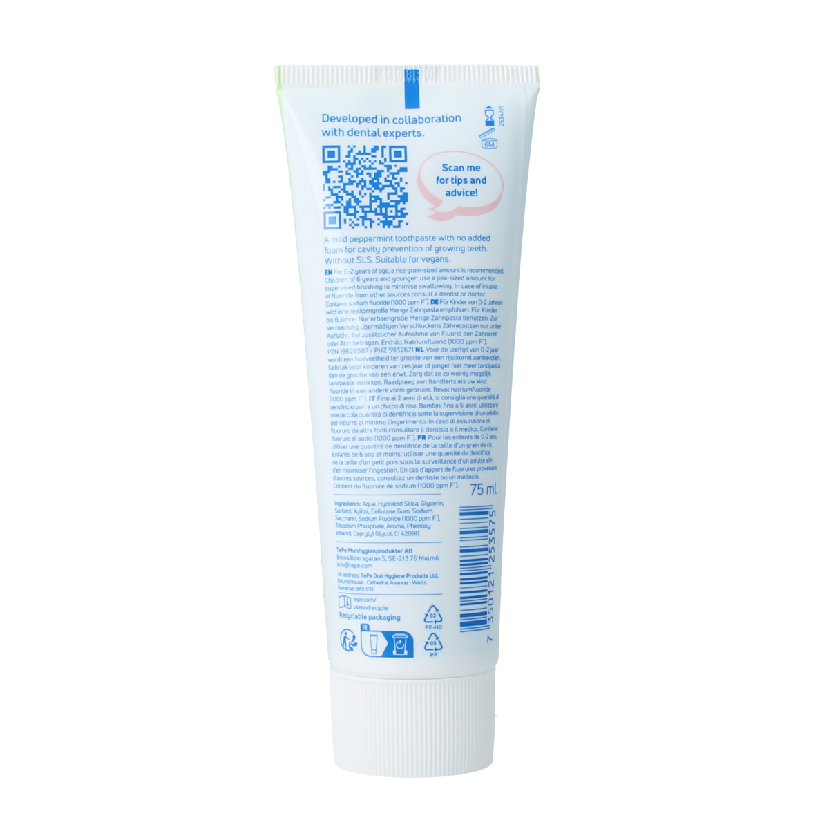 TePe Kids daily toothpaste in a 75ml tube, featuring colorful packaging and child-friendly design for young dental care.
