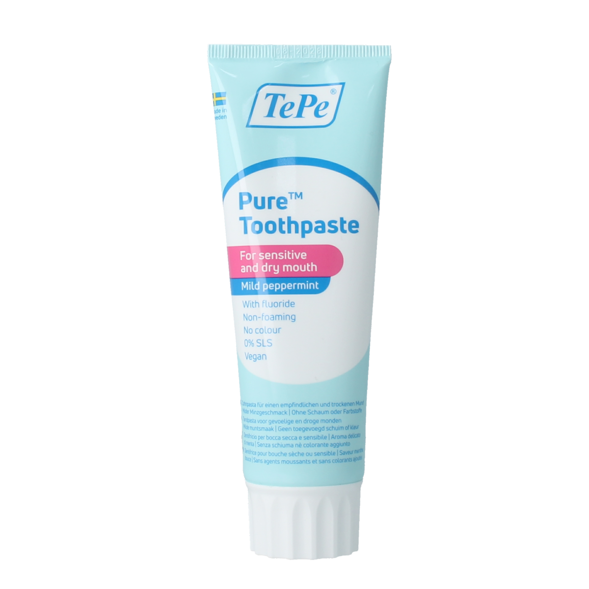 TePe Pure sensitive peppermint toothpaste in 75ml tube, designed for gentle cleaning and fresh mint flavor.