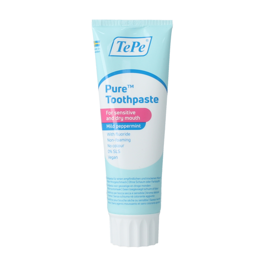 TePe Pure sensitive peppermint toothpaste in 75ml tube, designed for gentle cleaning and fresh mint flavor.