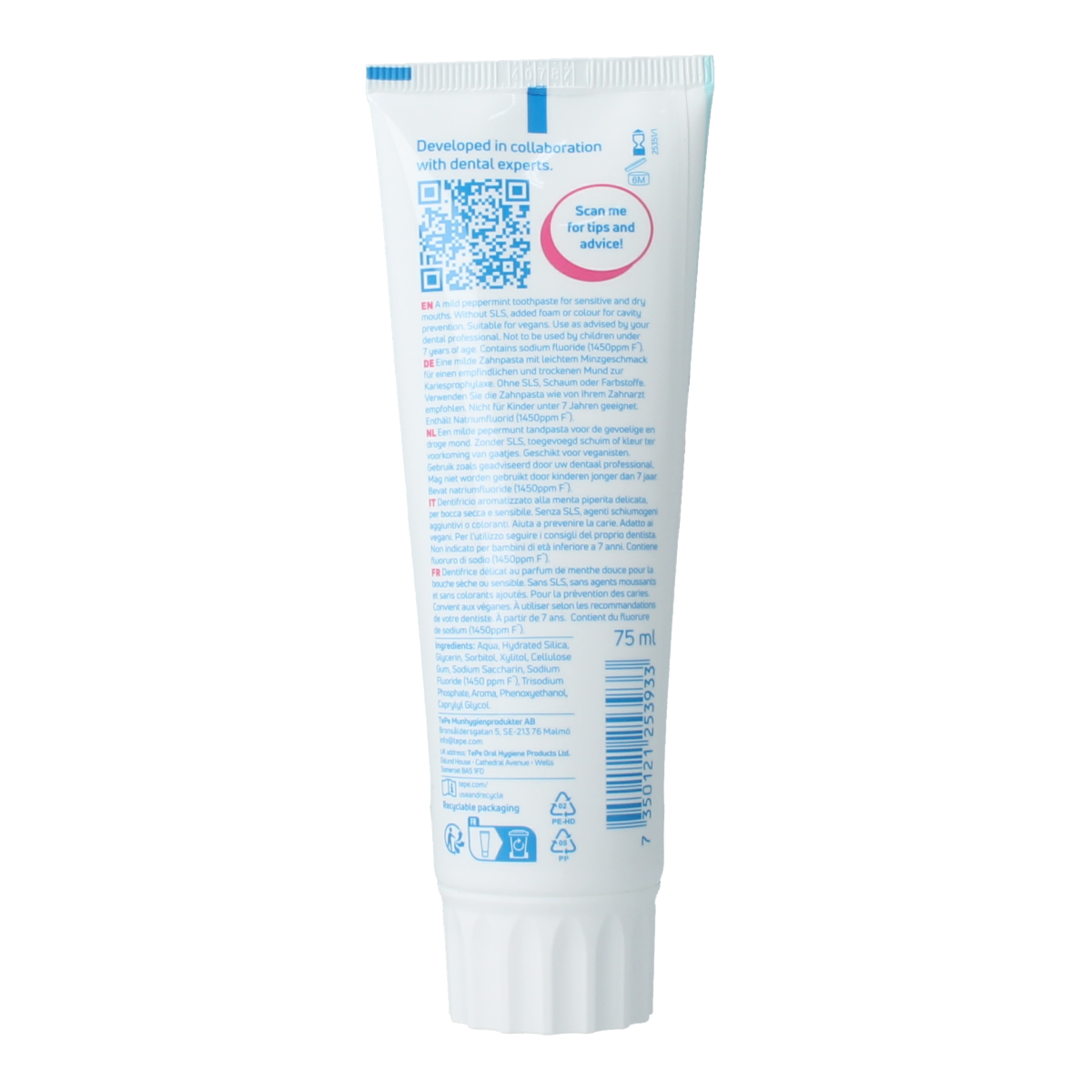 TePe Pure sensitive peppermint toothpaste 75ml tube showing the toothpaste squeeze tube with mint flavor branding.