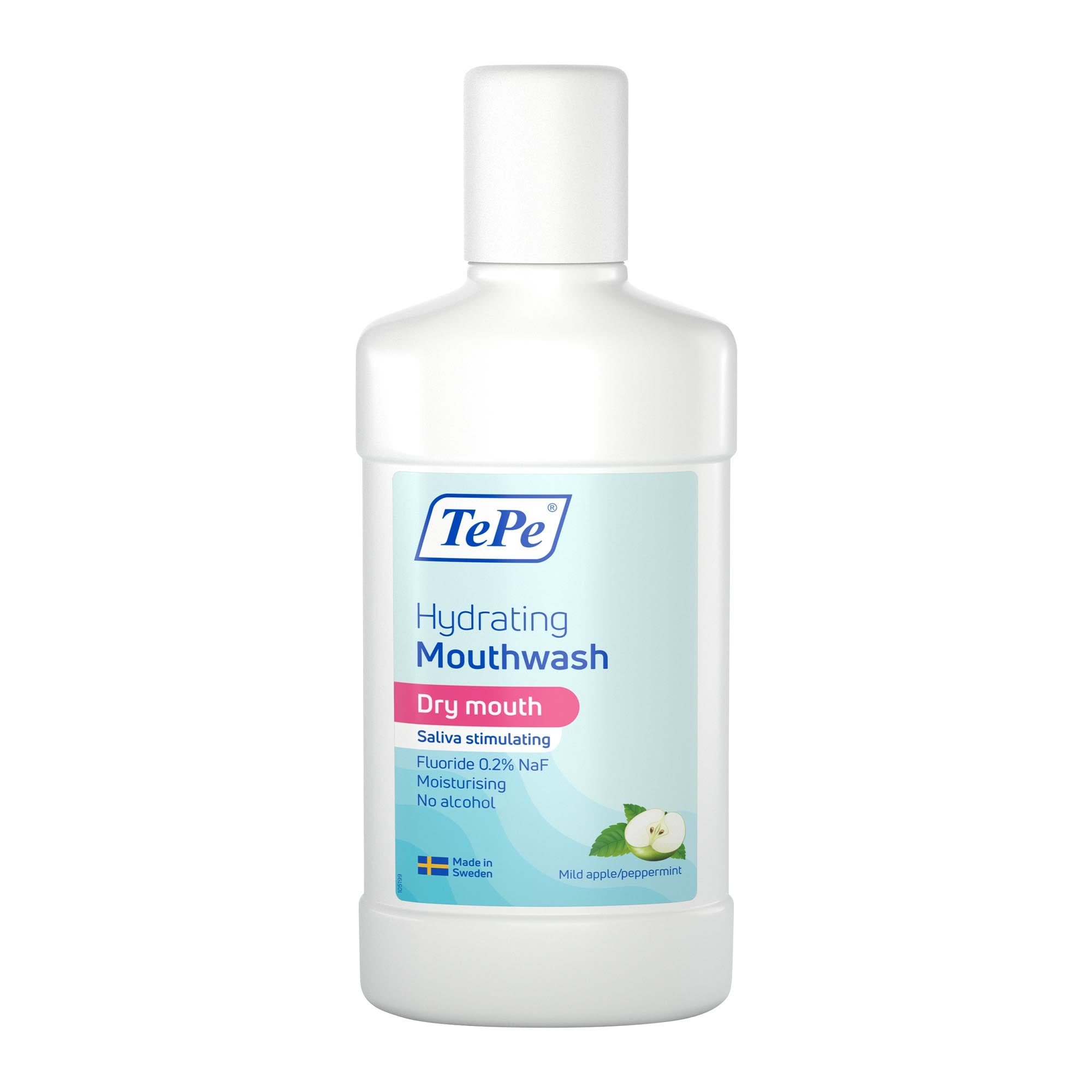 TePe Hydraterende mild mondspoeling met appel en pepermunt, 500 ml, voor verfrissende en zachte mondverzorging.