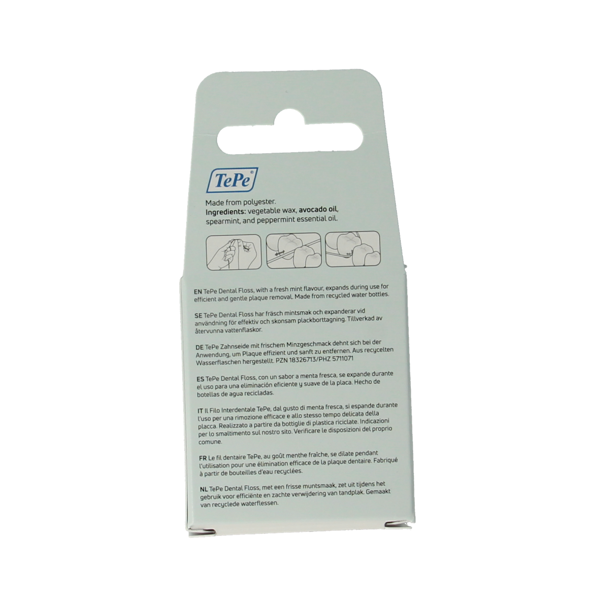 TePe dental floss 40m in dispenser for oral hygiene and plaque removal, shown in a close-up image.
