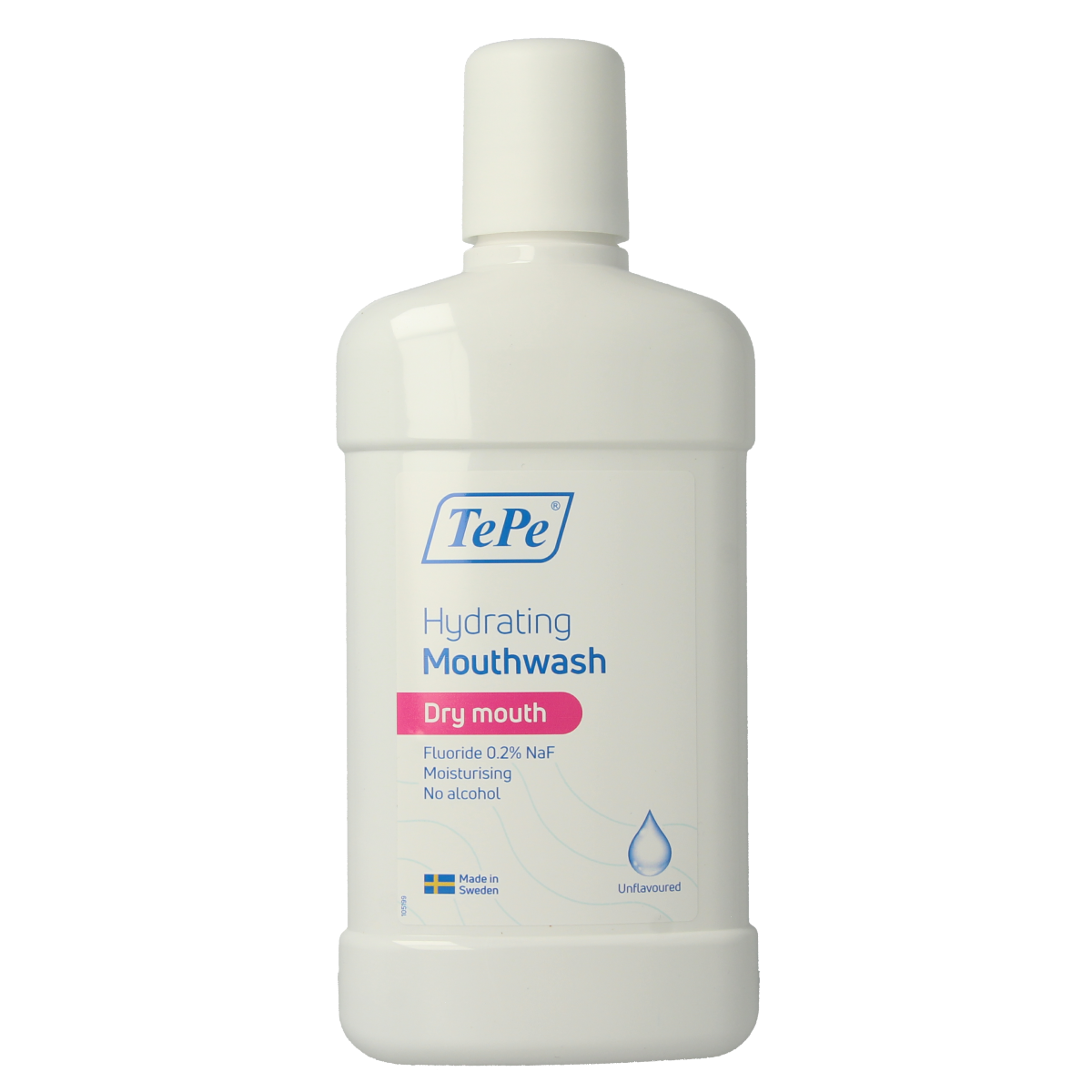 TePe hydrating unflavored mouth rinse for dry mouth in a 500ml bottle, promoting oral moisture and comfort.